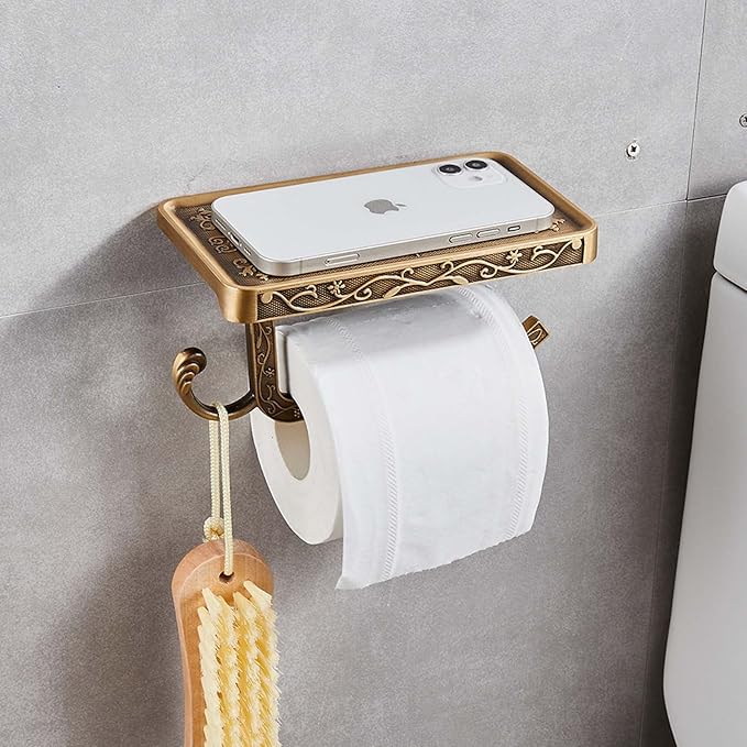 Vintage Carved Floral Toilet Paper Holder with Shelf - Crisp White Aluminum Bathroom Organizer, Wall Mounted Decorative Roll Holder for Bathroom/Vanity (7.24" Phone Shelf, Rust-Proof Finish)