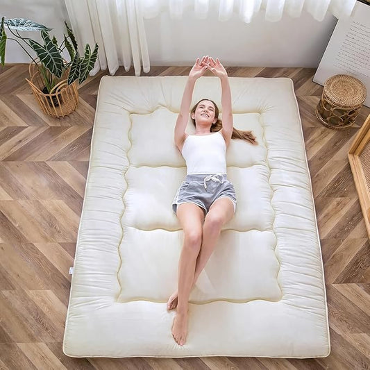 MAXYOYO Japanese Shiki Futon Mattress Floor Mattress Thicken Tatami Mat Sleeping Pad Roll Up Mattress Floor Lounger Couch Folding Couch Mattress Pad for Guest Room, Off White, King