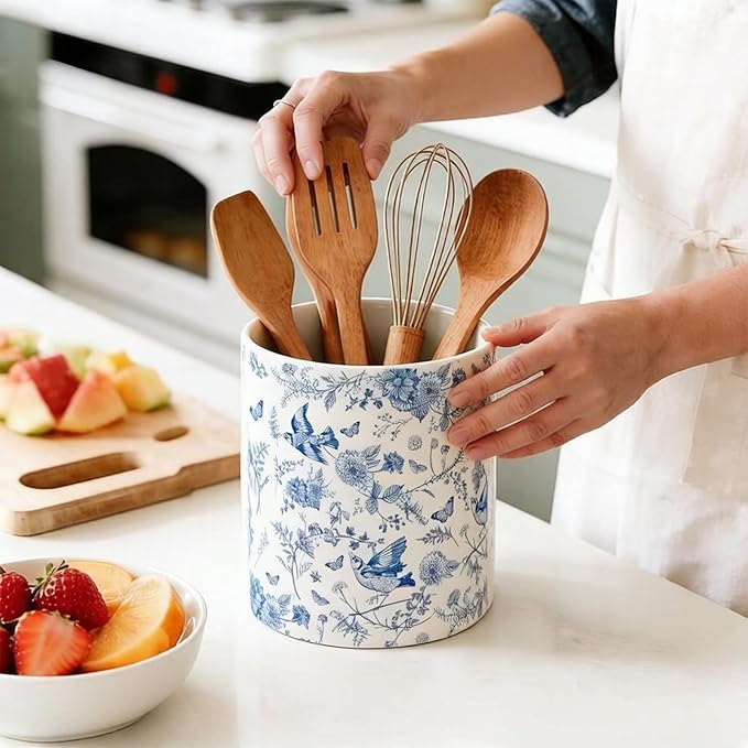 Whaline Blue Floral Ceramic Utensil Holder Vintage Chinoiserie Flower Bird Utensil Crock for Home Kitchen Countertop Storage Organizer Container