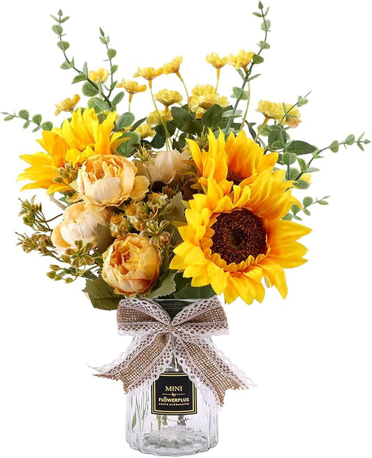 CEWOR Fake Flowers in Vase, Artificial Flowers with Vase Faux Silk Floral Arrangement Table Centerpieces Decor for Home Office Dining Farmhouse Coffee Table Living Room Bathroom Plant Decor(Yellow)