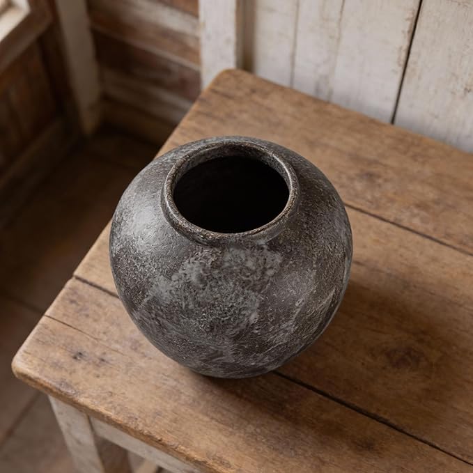 Large Rustic Black Stone Vase Home Decor - 8.8 in Ceramic Vintage Farmhouse Vases for Decor, Decorative Terracotta Round Clay vase for Living Room, Table, Shelf, Kichen Décor