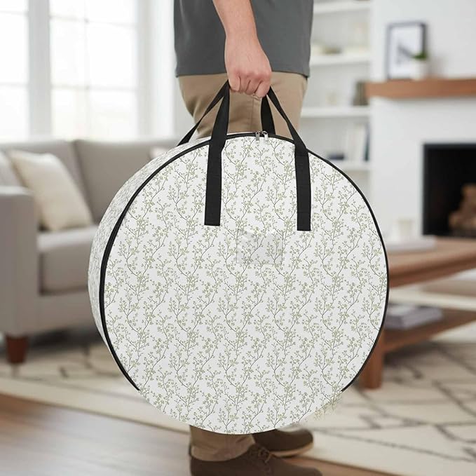 Sage Green Flowers Round Storage Bag 30 Inch, Branches Plants Clothes Storage Container with Handles Heavy Duty Organizer for Comforter, Bedding & Holiday Wreaths