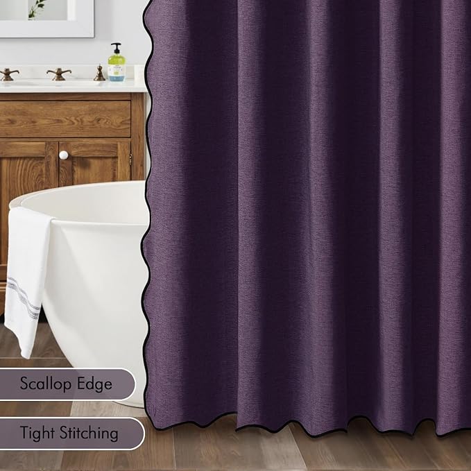 MIULEE 84" Long Scalloped Shower Curtain Linen Textured with 12 Metal Hooks Cute Extra Long Heavy Duty Washable Waterproof Cloth Shower Curtains with Black Border for Bathroom Hotel Bathtub,Purple