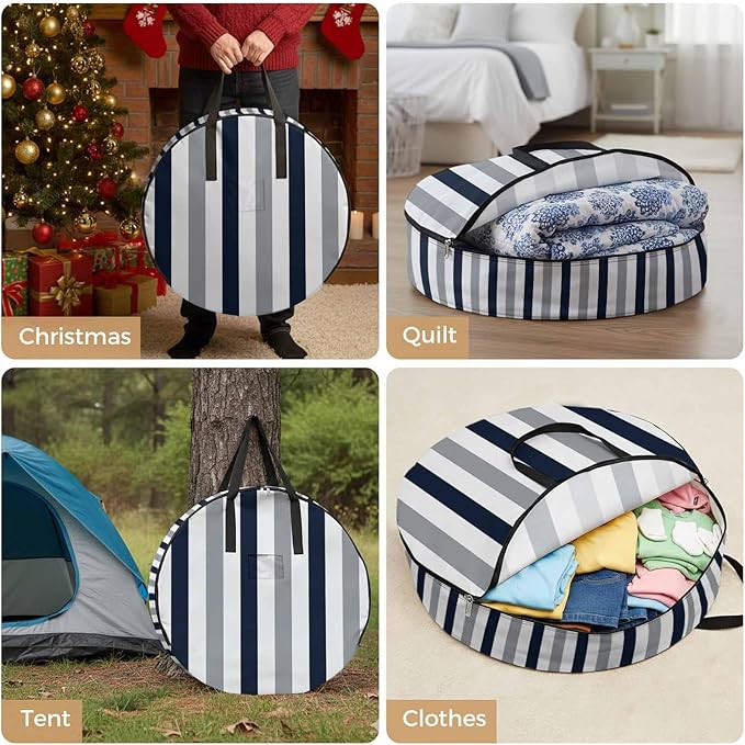 Storage Bag Navy Blue Gray Stripes Round Storage Totes Bins Closet Organizers with Zippers & Handle Contrast Striped Clothes Storage Container for Bedroom Dorm Space Saving Packing Supplies Bags