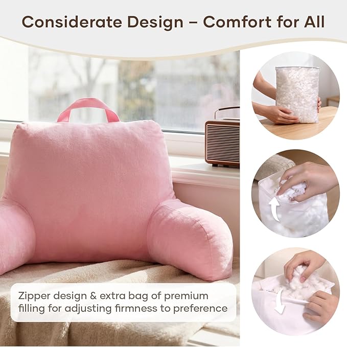 NOONTIDE Reading Pillow for Sitting up in Bed and Couch,Large Back Pillow for Adult & Teens with Soft Adjustable Neck Roll Backrest Pillow,Washable Cover,Watching TV/Gaming/Relaxing(Pink)