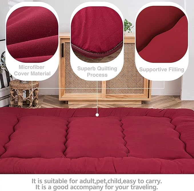 MAXYOYO Japanese Floor Futon Mattress - Thicken Sleeping Pad, Foldable Roll Up Mattress Topper, Guest Floor Couch Mat, Burgundy, Queen