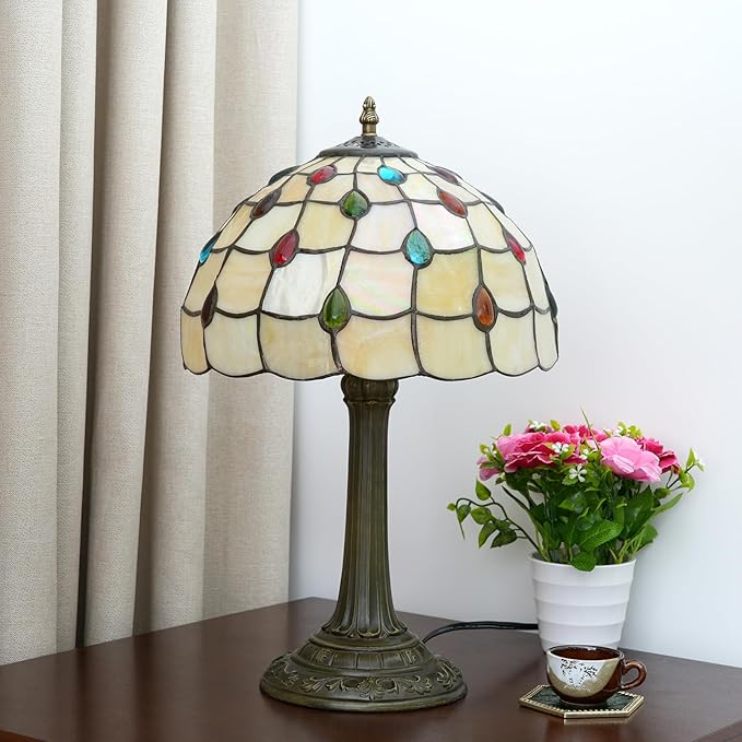 Tiffany Lamp Stained Glass lamp 12 inches Bedside Table Lamps for Living Room Bedroom Dorm Kitchen Home Decor Festival Birthday Gift,Colorful Beads