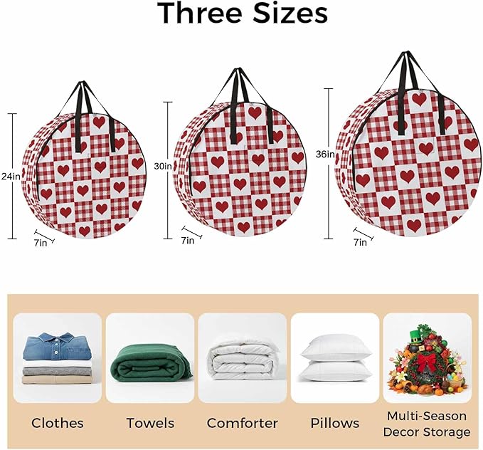 Valentine's Day Round Storage Bag 36 Inch, Red Heart Buffalo Plaid Red White Clothes Storage Container with Handles Heavy Duty Organizer for Comforter, Bedding & Holiday Wreaths