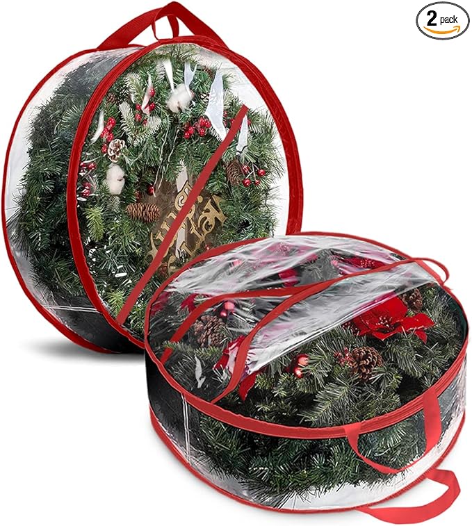 ProPik Christmas Wreath Storage Bag - 2 Pack Artificial Christmas Wreath Storage Container- Garland Holiday Wreath Storage Holder –Water Proof Transparent Clear PVC - with Handles (Red, 48 Inch)