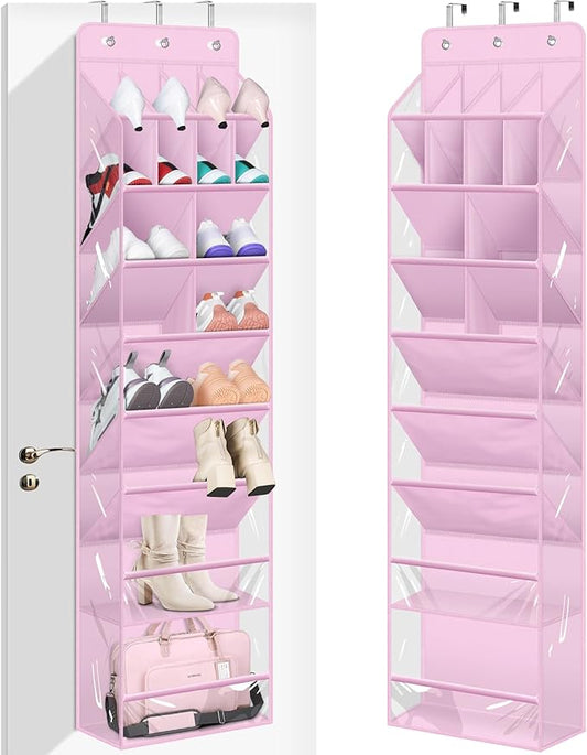 MISSLO Clear Over the Door Shoe Organizer Large Deep Pockets Hanging Shoe Rack for Closet Fit 20 Pairs Shoe Holder for Sneakers Boots Storage, Pink