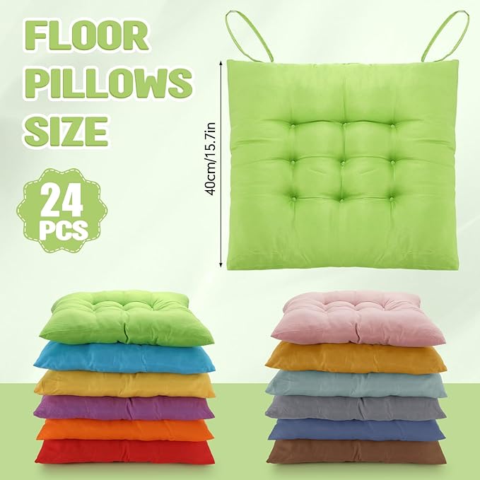 Geetery 24 Pcs Floor Pillows Bulk Seating Cushions for Floor Chair 15.7'' Large Meditation Cushion for Yoga Living Room Tatami Bedroom Balcony Office (Bright Color,Square)