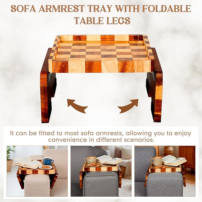 Kathfly Acacia Wood Checkered Sofa Armrest Tray, 13.75" x 9.5" Double Hinge Couch Arm Table, Clip on Sofa Arm Tray, Wooden Side Table for Food Snack Remotes Living Room Decor Mother's Day