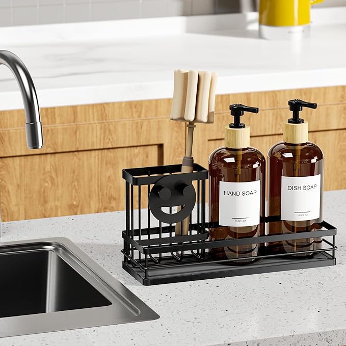 Moforoco Kitchen Dish Soap Dispenser Set, 16OZ Glass Bottle, Hand and Dish Soap Dispenser Set, Instant Dry Tray, Brush Holder with Smiley Face Sponge Holder (Black Tray &Amber Bottle&Labels)