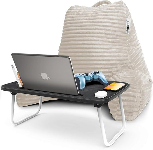 Nestl Linen Reading Pillow with Bed Desk for Laptop and Writing, Luxe Cut Plush Back Pillow for Sitting Up, Back and Arms Adjustable Support for Adult and Teens, Foldable Lap Desk for Bed 22x14”