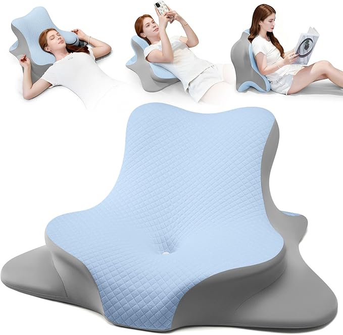 Reading Pillow for Bed, Lying, Leaning and Prone, Ergonomic Memory Foam Bed Wedge Pillow for Headboard, Floor Cushions, Chin & Back Support Pillows on Bedrest Couch Floor-Blue