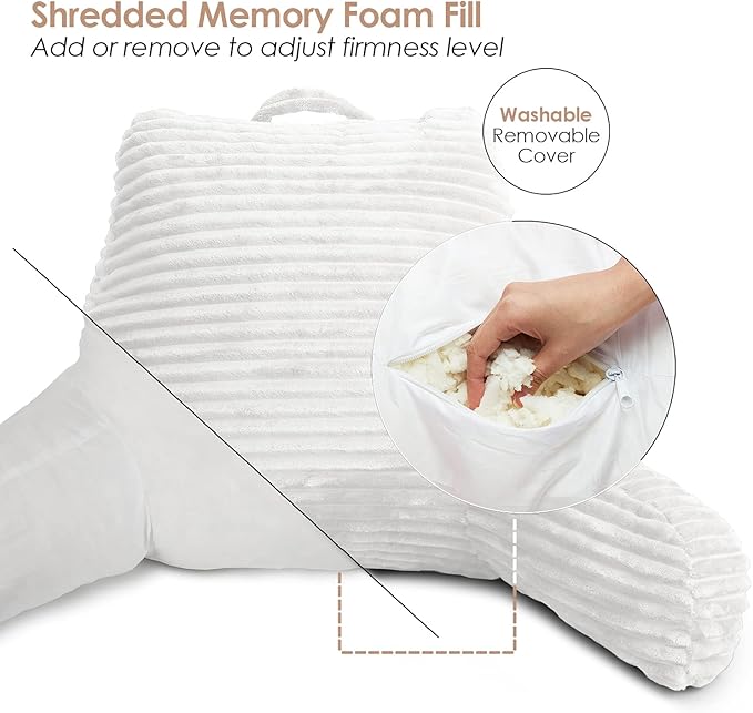 Clara Clark Reading Pillow for Bed Adult –Back Pillow for Sitting in Bed, Standard Plush Bed Pillows for Sitting Up in Bed, Shredded Foam Bed Chair Pillow with Arms and Pockets, White Bed Rest Pillow