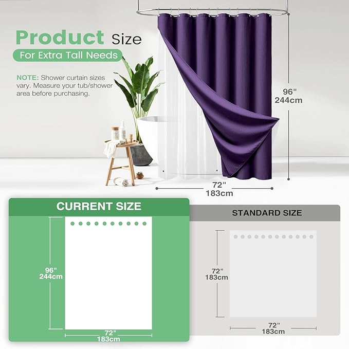 Dynamene Extra Long Shower Curtain and Liner Set - 96 inch Tall Waffle Fabric, Waterproof Clear Liner, Heavy Duty Weighted Hotel Luxury Cloth Shower Curtains for Bathroom with 12 Hooks, 72x96, Purple