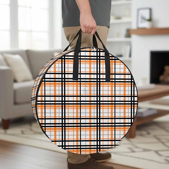 Storage Bag Orange Buffalo Plaid Round Storage Totes Bins Closet Organizers with Zippers & Handle Black Check Stripe Clothes Storage Container for Bedroom Dorm Space Saving Packing Supplies Bags