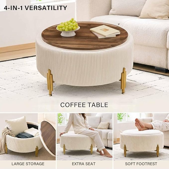 30'' Round Storage Ottoman Coffee Table, Modern Velvet Upholstered Ottoman with Lid and Metal Legs for Living Room, Bedroom (White)