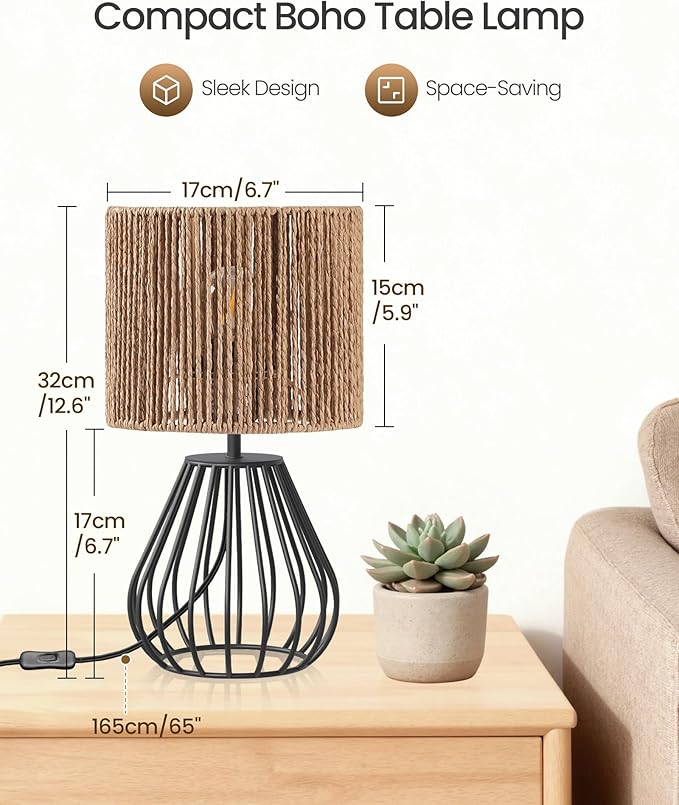 Rattan Table Lamp, Boho Table Lamp, Small Bedside Lamp, Handwoven Paper Lampshade, 2700K LED Bulb Included, Boho Desk Lamp, Modern Nightstand Lamp for Bedroom, Living Room, Striped SW06TL05