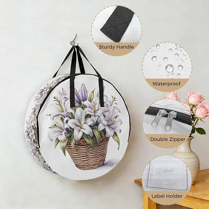 Spring Lily Round Storage Bag 30 Inch, Retro Flowers Basket Clothes Storage Container with Handles Heavy Duty Organizer for Comforter, Bedding & Holiday Wreaths