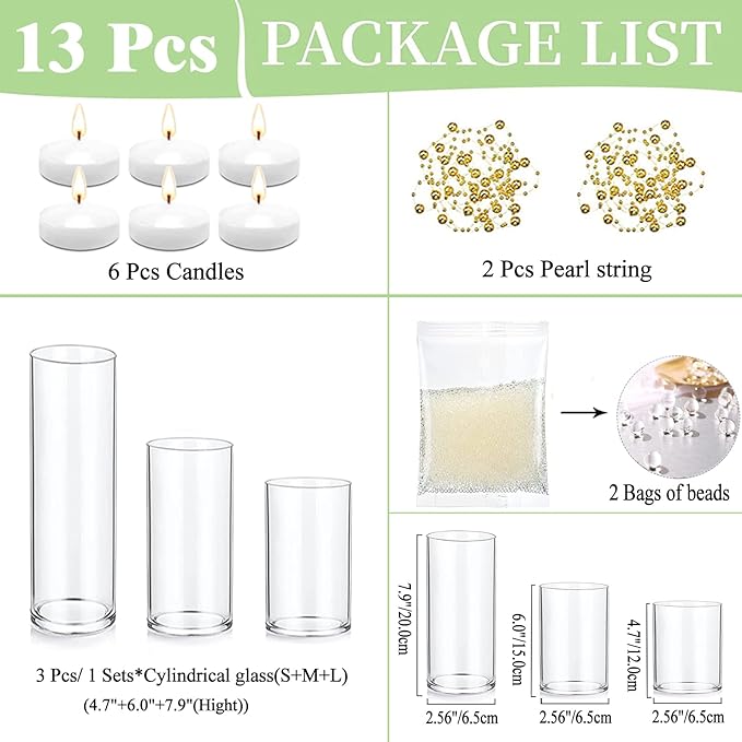 UDU 3 Set Glass Cylinder Vases for Centerpieces with 20000 Vase Filler 6 White Floating Candles 2 Pearl String for Wedding Party Home Table Decoration