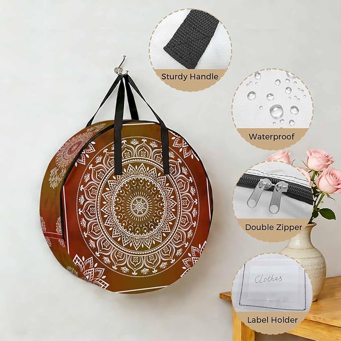 Storage Bag Orange Boho Round Storage Totes Bins Closet Organizers with Zippers & Handle Gorgeous Bohemian Flower Clothes Storage Container for Bedroom Dorm Space Saving Packing Supplies Moving Bags