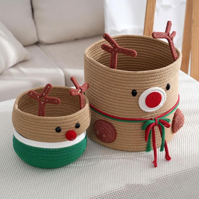 Christmas Basket with Reindeer Motif, Woven, Storage Basket, Decoration, Storage Box, Organizer, Toy Basket for Gifts, Kitchen, S