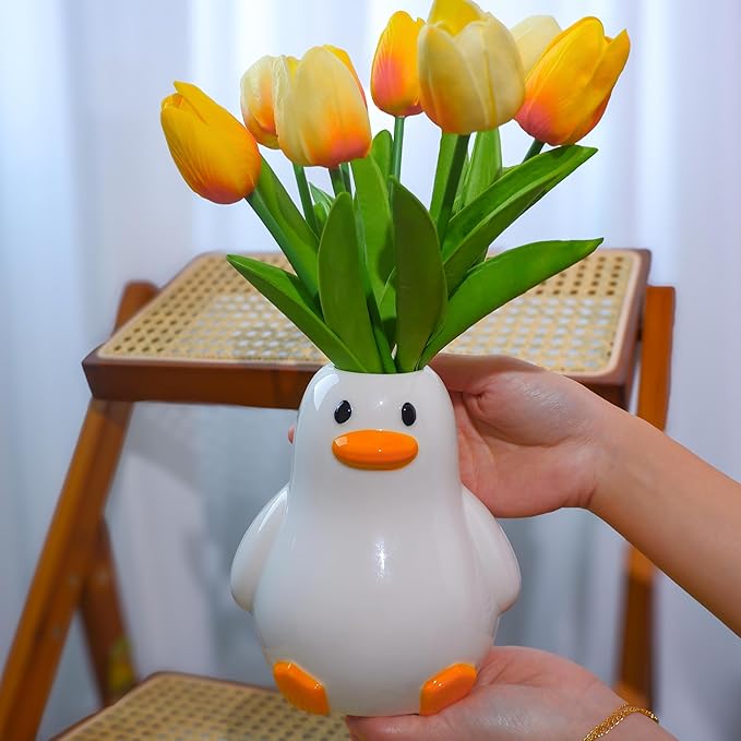 Mougigi Unique Duck Vase - Cute White Ceramic Handcrafted Piece with Round Modern Design, Funky Aesthetic Table Decor for Flowers/Accessories, Cool Animal Goose-Themed Art Vase Great for Decor Gifts