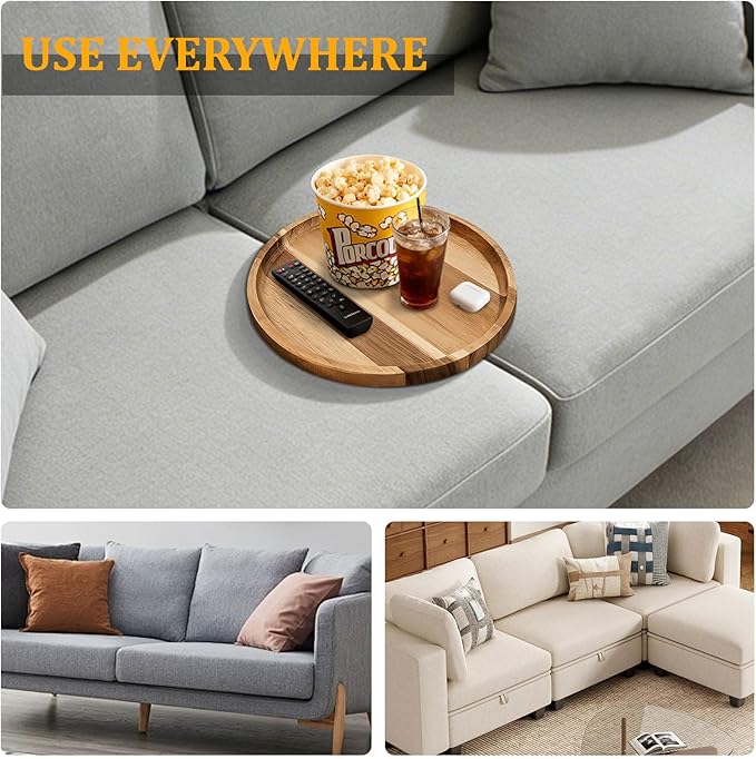 Acacia Wood Sofa Tray, Folding Couch Table Insert for Middle Portable Couch Armrest Trays Perfect for Drinks, Snacks, Phone, Remote Control (Circle)