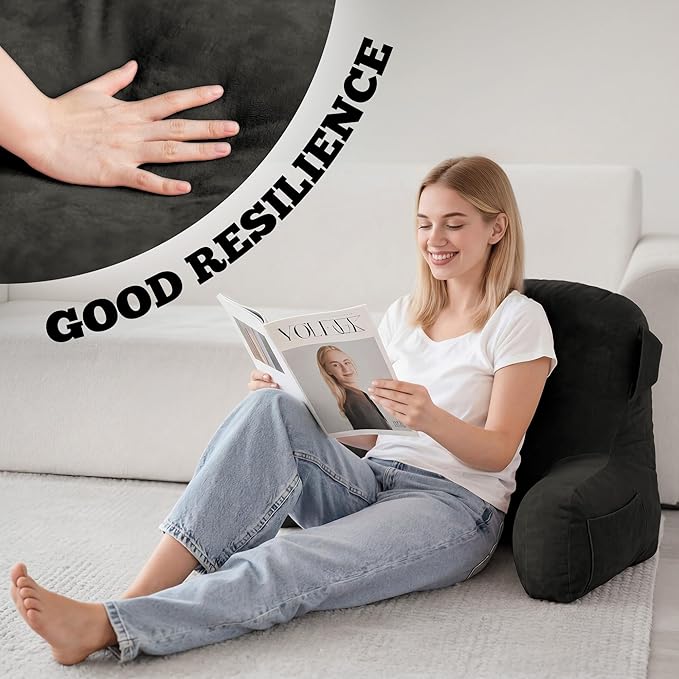 Unisakey Portable Comfy Reading Pillows for Bed Sitting Up(Grey Oeko-Tex), Velvet Back Pillow with Arms & Pockets for Adults, Support Memory Foam Bed Pillow for Dorm/Reading/Watching/Gaming
