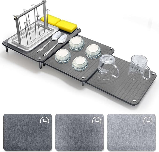 3Pcs Nesting Stone Drying Mat for Kitchen Counter, Quick Drying Stone Dish Drying Mat with Non-Slip Feet, Super Absorbent Heat Resistant Diatomaceous Earth Dish Drying Mat for Dishes, Bottles-Wave