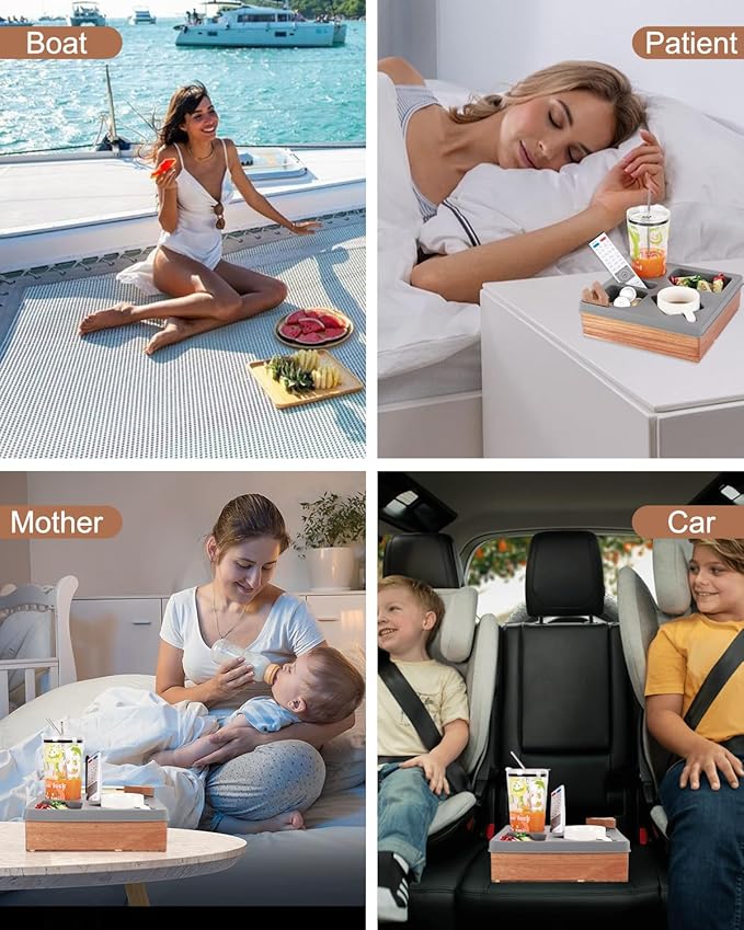 Couch Cup Holder Tray, Silicone Wooden Couch Caddy with Cup Holder for Snacks, Drinks, Remotes, Waterproof Cup Holder for Couch, Organizer, Couch Drink Holder, Sofa Cup Holder, Easter Gifts (Gray)