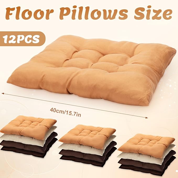 Geetery 12 Pcs Floor Pillows Bulk Seating Cushions for Floor Chair 15.7'' Large Meditation Cushion for Yoga Living Room Tatami Bedroom Balcony Office (Coffee Color,Square)