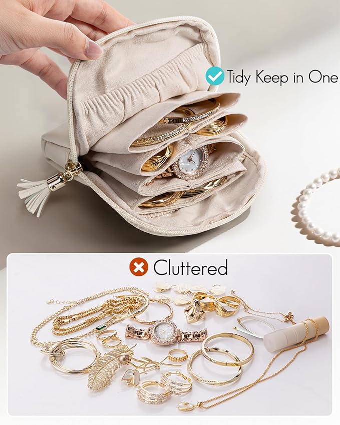 VLANDO Small Travel Jewelry Case,Mothers Day Gifts,Jewelry Pouch Bags with Zipper,Velvet Jewelry Organizer Storage Bag for Bracelet Rings Earring-Cream White