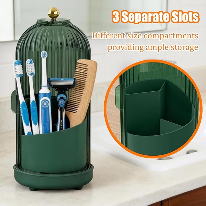 JEESA Toothbrush Holder Organizer, with Drainage Holes, with Dustproof Cover, 360 Rotating, 3 Slots, for Bathroom Countertop, Green