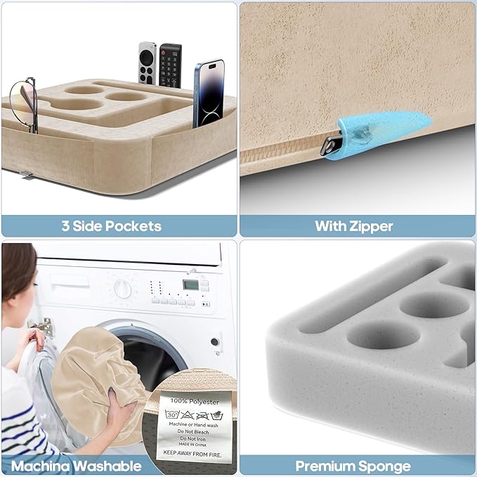 Couch Cup Holder Tray, Couch Caddy for Drink, Snack, Phone, Remote, Ipad, Game Controller, Large-Size Sofa Cup Holder for Bed, Sofa, Car, Desk, Khaki