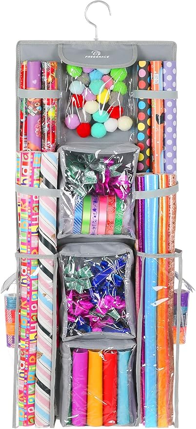 Freegrace Double-Sided Hanging Gift Wrap Organizer - Large 16 x 41 Inch Wrapping Paper Storage Bag - Tearproof 600D Oxford Closet Gift Bag & Ribbon Organization Storage Caddy, Gray