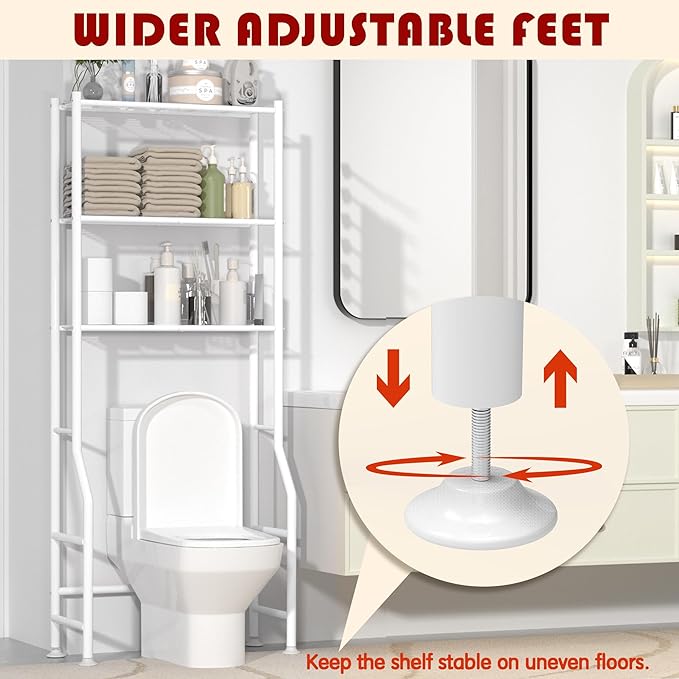 GloTika 3-Tier Over Toilet Storage Rack, Metal Over Toilet Bathroom Organizer Shelf, Freestanding Space Saver Storage Shelves for Bathroom/Laundry/Living Room (White)