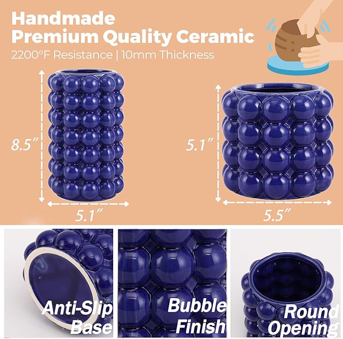 Bubble Vases, Set of 2 Blue Ceramic Vases for Flowers, Unique Short Vase for Tulips, Tall Bubble Vase for Coffe Table Decor, Decorative Vases for Living Room, Dining Table, Wedding