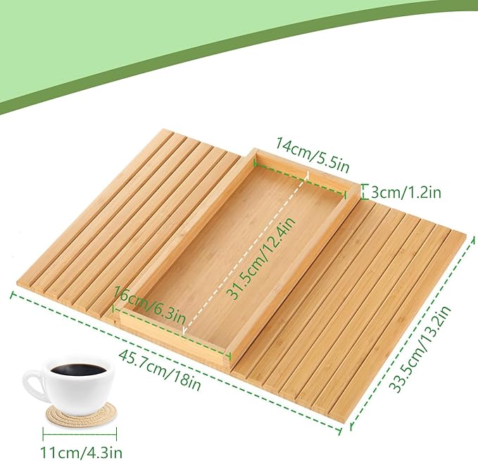 WCHOSOZH Bamboo Sofa Arm Tray with 2Pcs Cup Mats, Foldable Sofa Armrest Tray Side Table, Anti-Dropping Couch Armrest Table Cup Holder for Eats Drinks Snacks Remote Cellphone