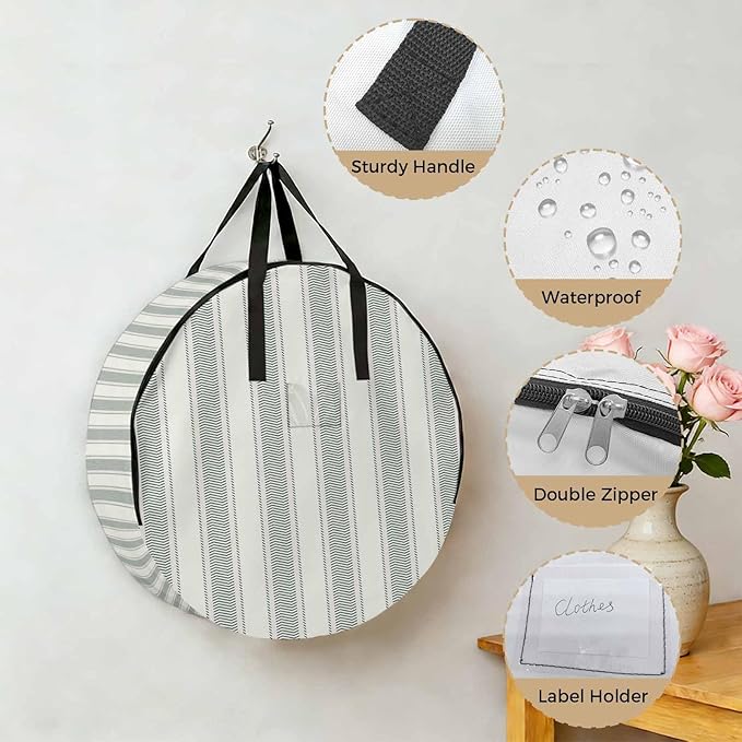 Storage Bag Sage Green Stripes Round Storage Totes Bins Closet Organizers with Zippers & Handle Vertical Striped Line Clothes Storage Container for Bedroom Dorm Space Saving Packing Supplies Bags