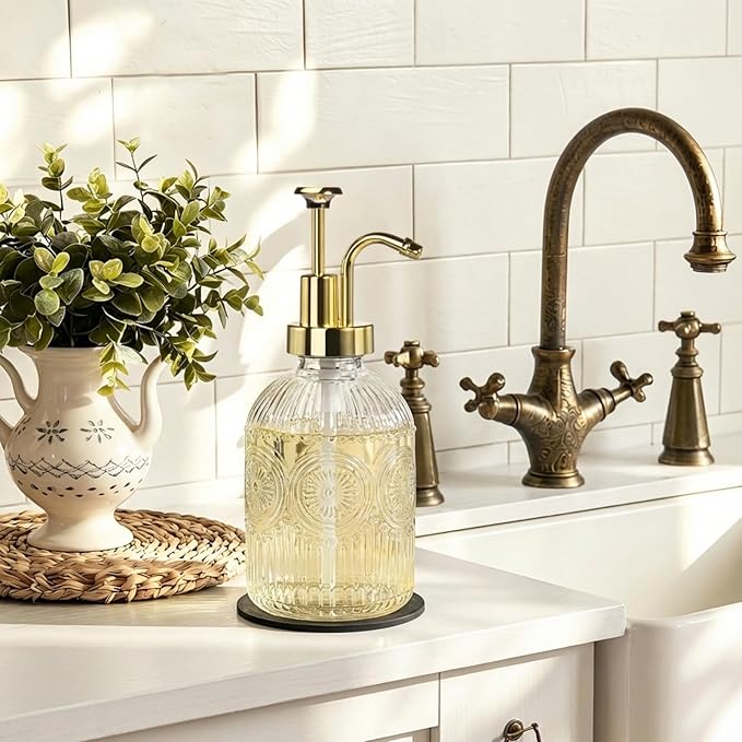 SheeChung 12Oz Vintage Glass Bathroom Soap Dispenser, Kitchen Dish Soap Dispenser with Pump, Refillable Liquid Hand Soap Bottle, Lotion, Antique Rustic Farmhouse Decor (Clear-Gold Pump, 2 Pack)