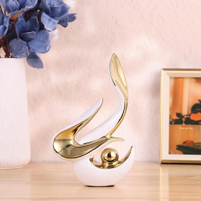 Gold Living Room Decor Table,Sculptures Home Decor,Modern Abstract Art,Dinner Table Centerpiece Decor,Ceramic Statue and Figurines Decorations Accent,Adorno para Mesa Comedor (White Gold)