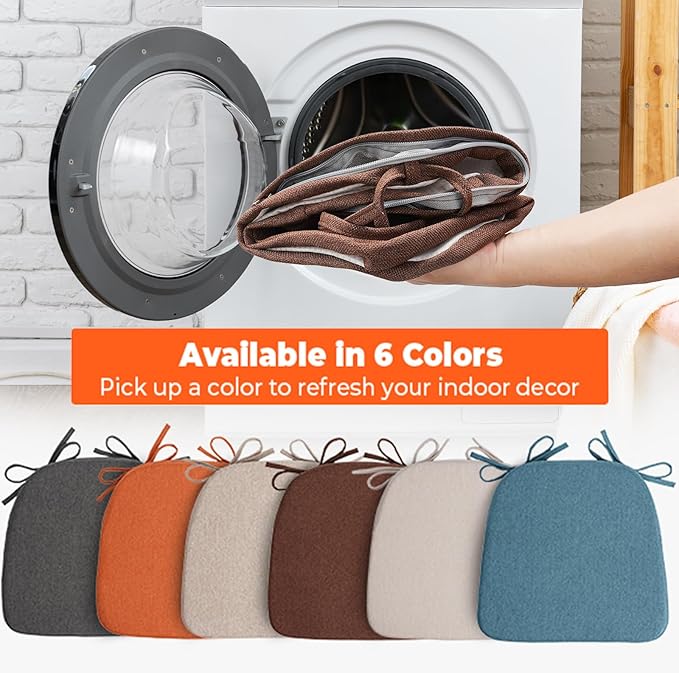 Sunsleek Chair Cushions for Dining Chairs, D-Shaped Seat Cushions with Removable Washable Cover and Ties, Chair Pads for Kitchen, Indoor Dining Room, Patio Chairs, 17'' x 16'', Set of 2, Brown