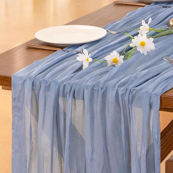 Socomi 3pcs Dusty Blue Easter Spring Cheesecloth Table Runner Boho Rustic Gauze 120 inch 10FT Cheese Cloth Runner for Wedding Party Baby Shower Birthday Home Decor Holiday Decorations