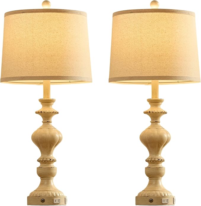 SAIWEYA 27.5" Farmhouse Table Lamps Set of 2 Bedside Nightstand Lamp with USB C+A Ports & AC Outlet, 3 Way Dimmable Touch Lamps for Bedroom Living Room Office Hallway Rustic Traditional Lamp