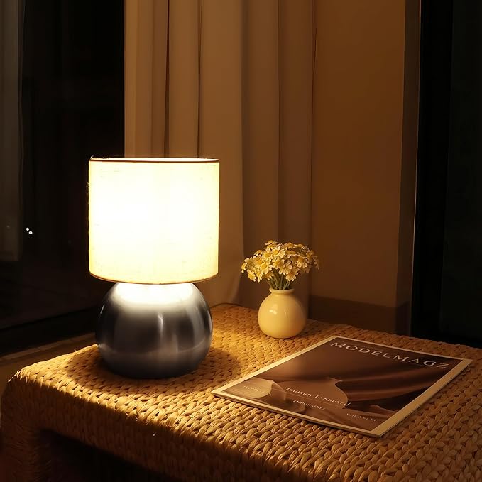Modern Silvery Small Table Lamp with Cotton Linen Shade, 10.4-inch LED Desk Light, One-Button Switch for Bedroom, Living Room, Nightstand, Includes Warm Light Bulb