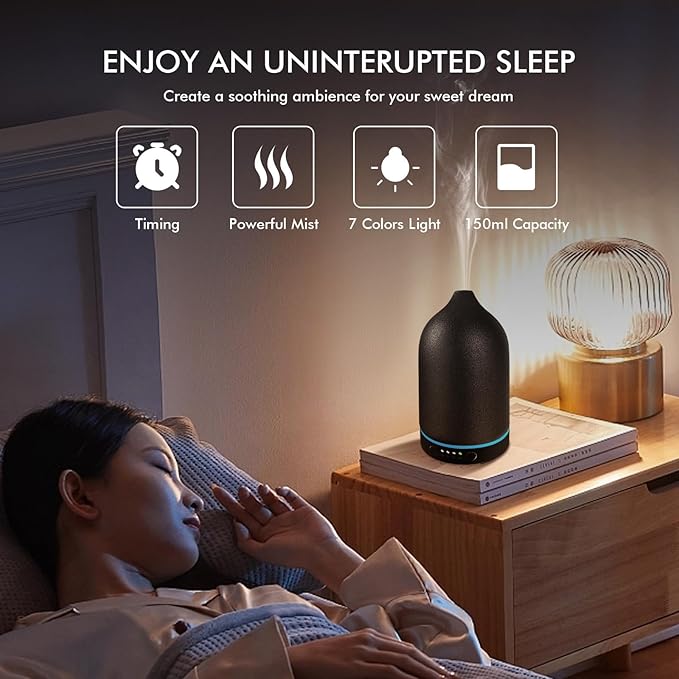Essential Oil Diffuser Ceramic Diffuser -Aromatherapy Diffuser for Essential Oils with Timer and 7 Colors LED Light Ultrasonic Diffuser with Auto Shut-Off, Home Office Decor&Gift (Black-150ml)