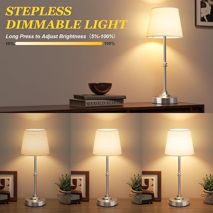 Kakanuo Rechargeable Cordless Table Lamp Silver - 2 Pack 4000mAh Battery Operated Lamp, Touch Control Stepless Dimming, for Home Decor, Dining Table, Living Room, Bedroom